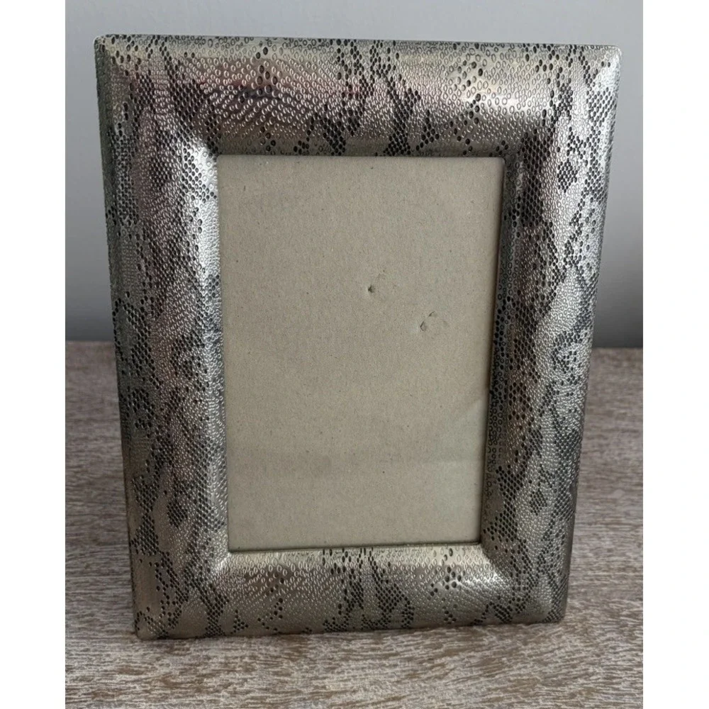 Silver Tone Picture Frame Black Python Snake Print Embossed Holds 4x6